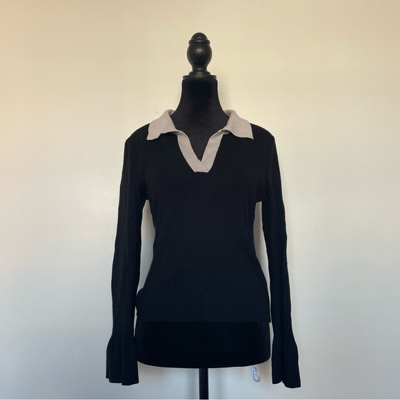 Tops - 2/$45- white collared and black long sleeve trendy ribbed stretchy top